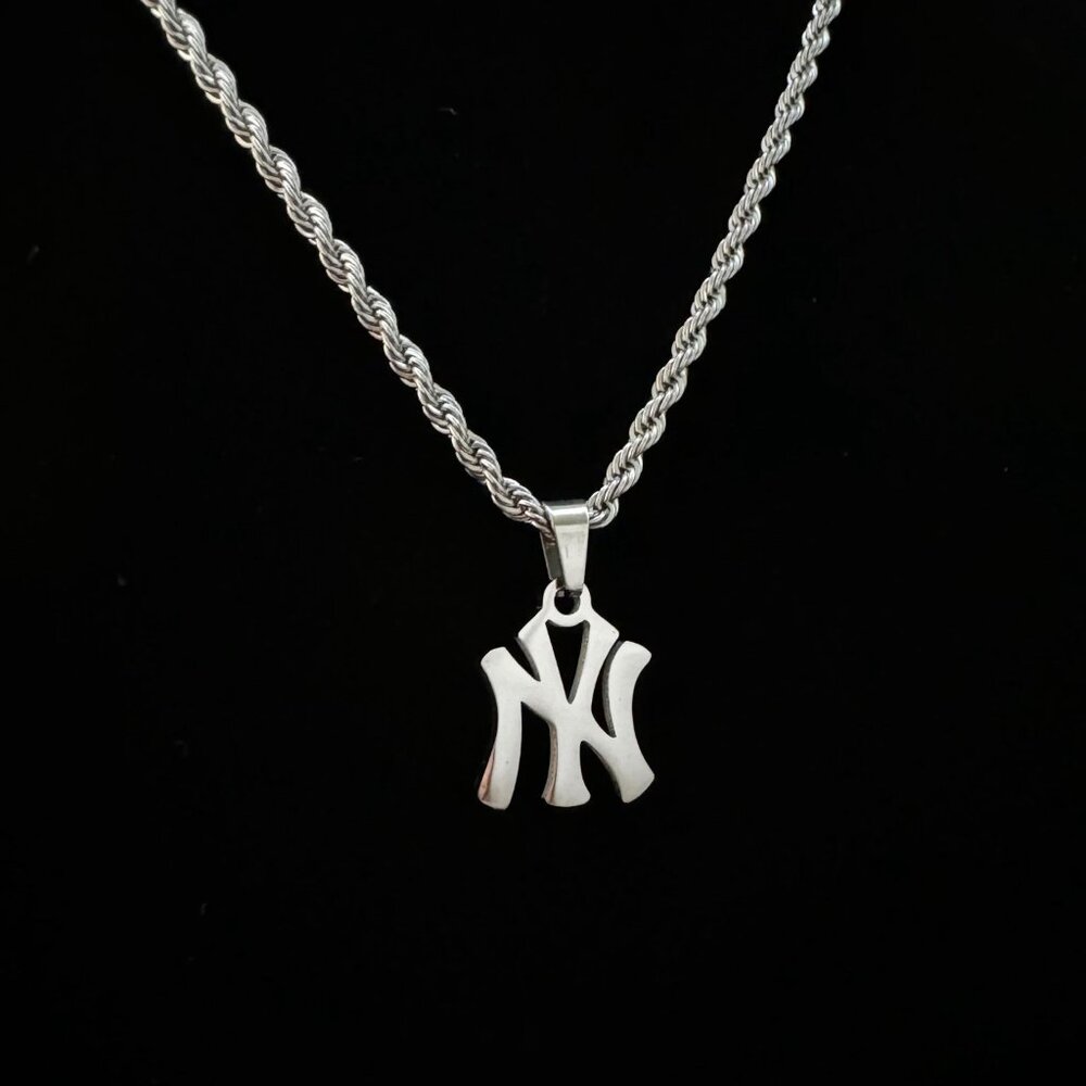 New York Yankees Necklace - NY Silver Plated - 22" 3mm Rope Chain - Easter Gift